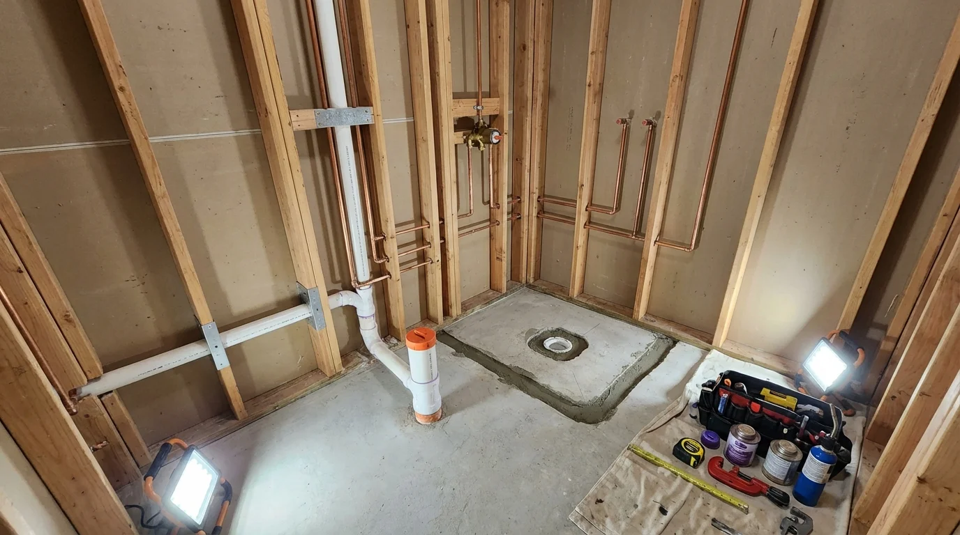 Bathroom rough-in plumbing during remodel by Johns Plumbing LLC in Estill Springs