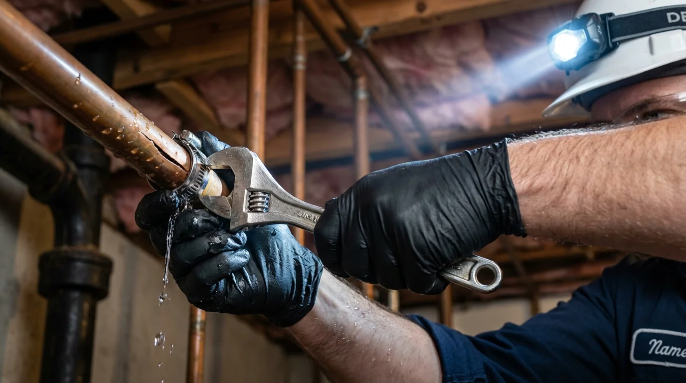 Emergency pipe clamp repair being performed by a Johns Plumbing LLC plumber in Estill Springs