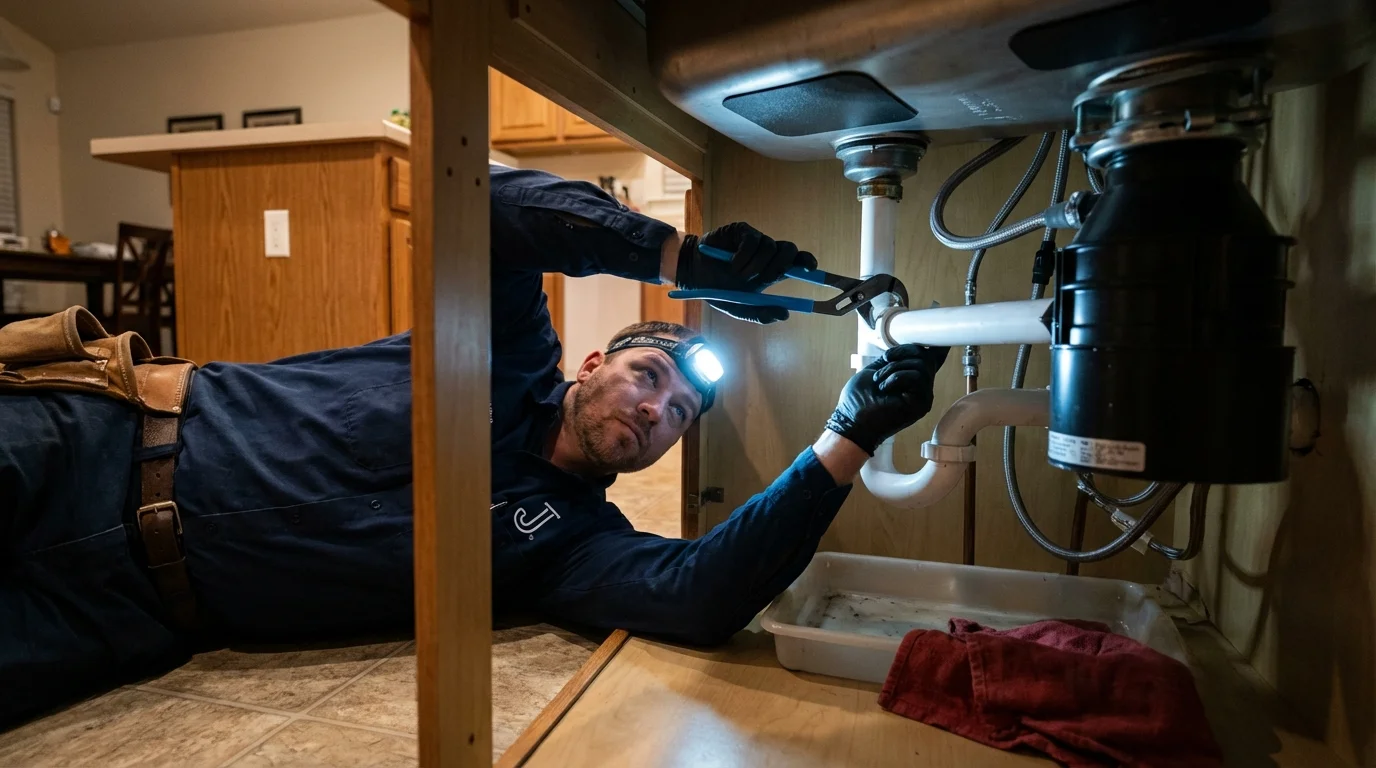 P-trap and supply line connections under a kitchen sink showing a common leak point in Estill Springs, TN